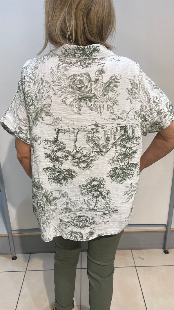 Mia - Cotton Khaki Print Shirt