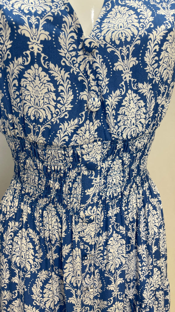 Mona - Blue/White print V Neck maxi Dress