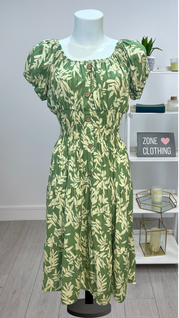 Trudie - Sage Green  /Beige Leaf Print Midi Dress