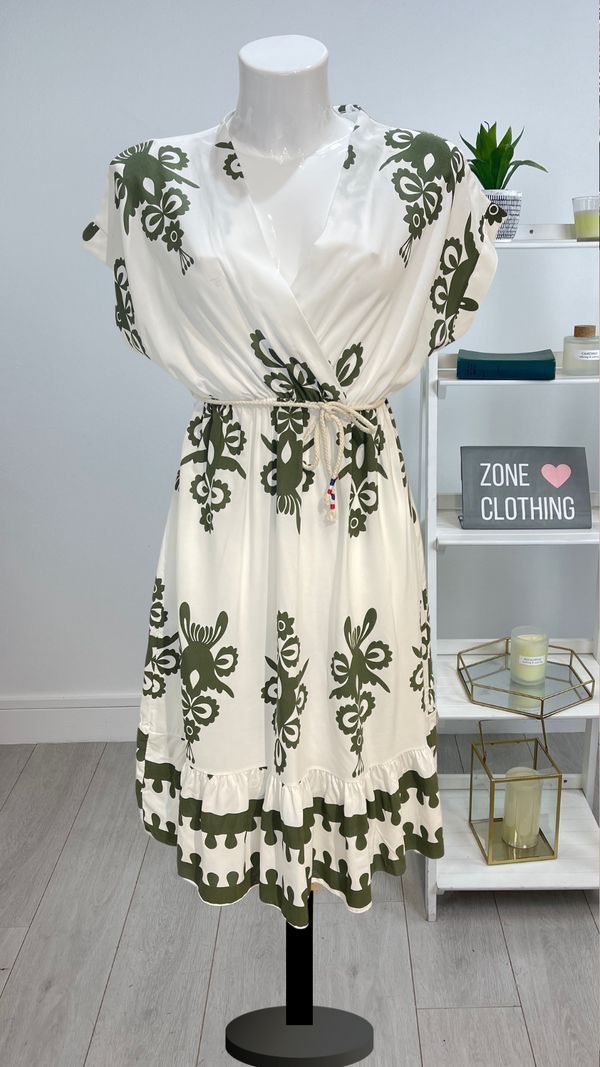 Lisa - Khaki/White Print Dress