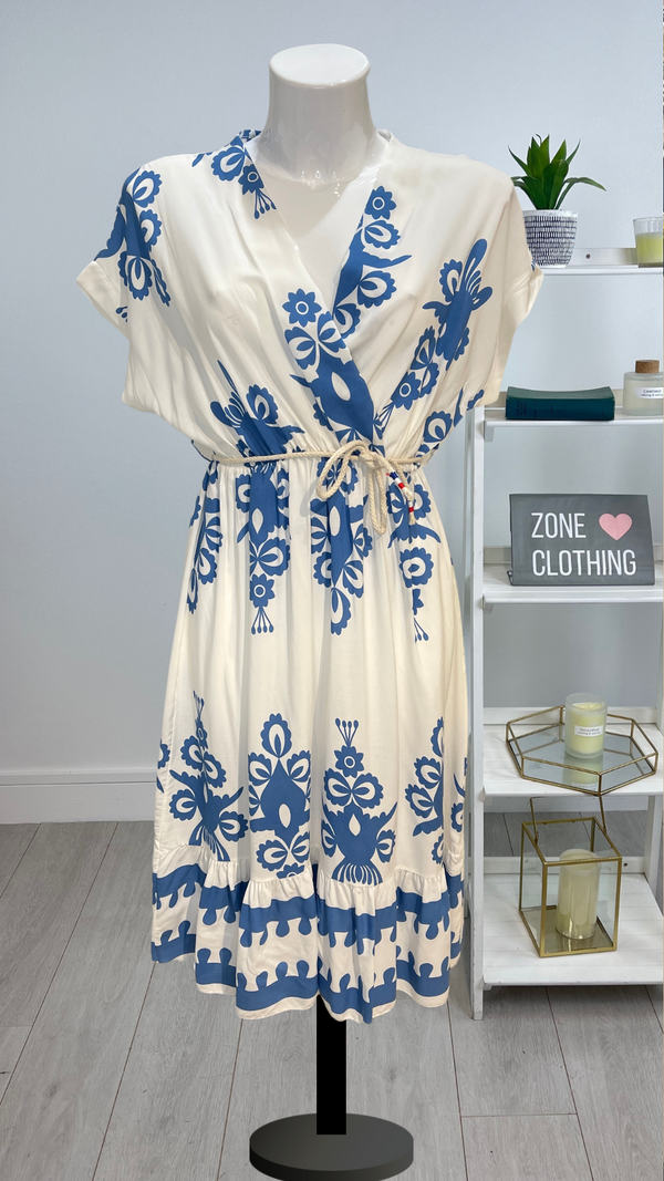 Lisa - Denim Blue/White Print Dress