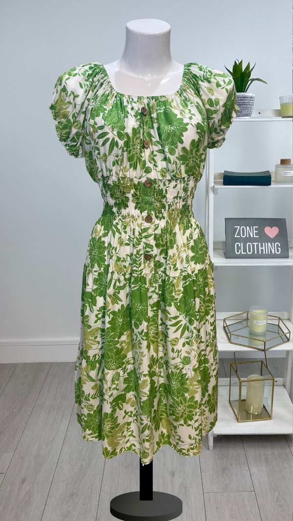 Trudie - Green/White Floral Print Midi Dress