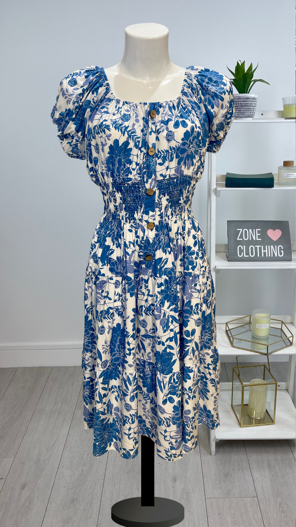Trudie - Denim Blue White Floral Print Midi Dress