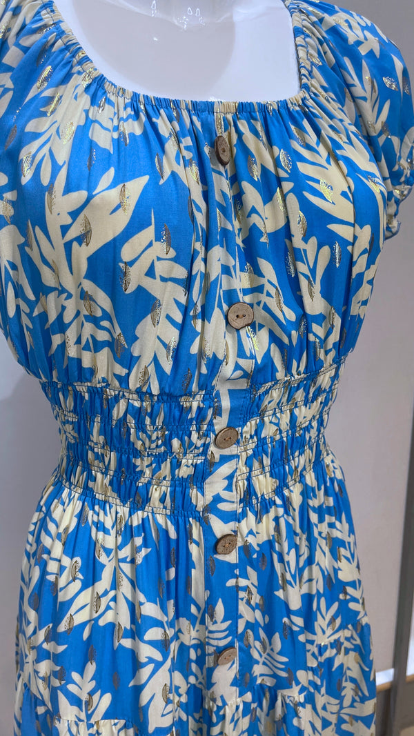 Trudie -Cornflower Blue/Beige Leaf Print Midi Dress