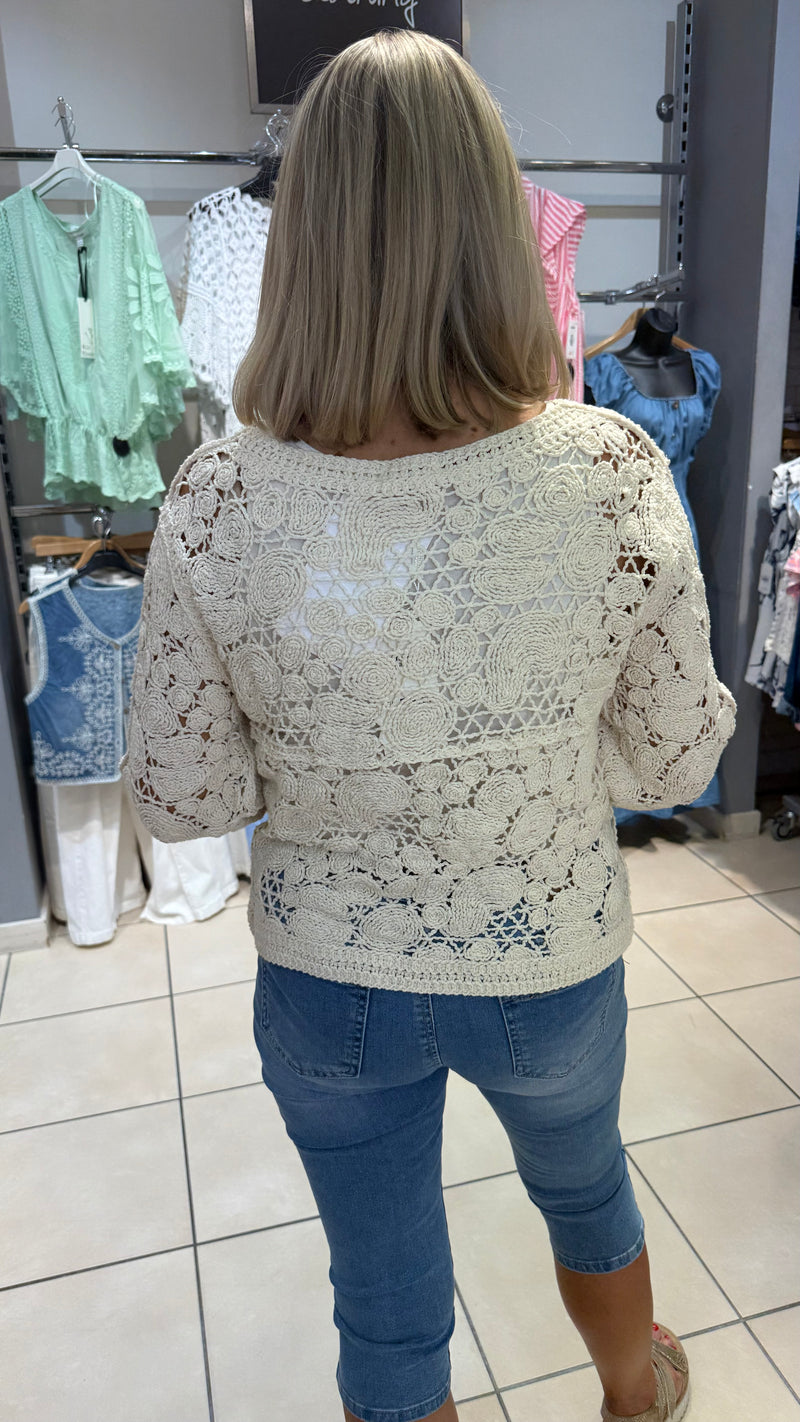 Kayleigh - Beige Crochet Gold Button Cardi