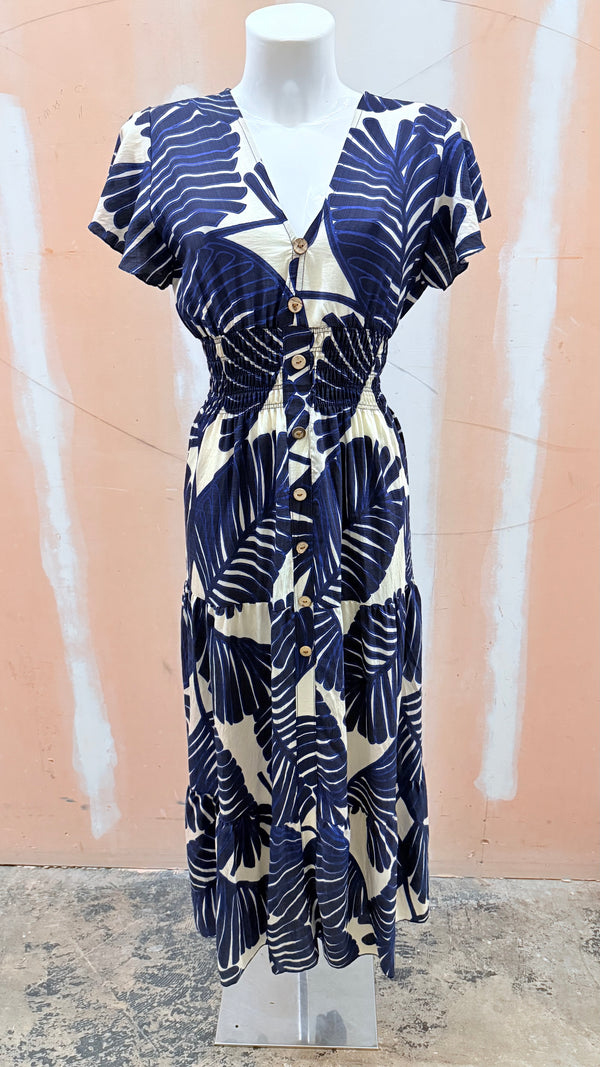 Sandy - Linen Look V-Neck Palm Print Maxi Navy