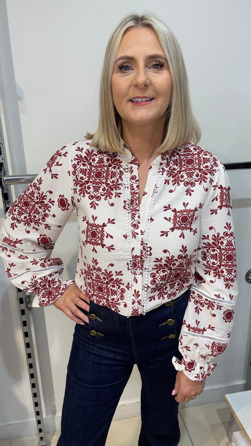 Lauren - Wine/Cream Damask Blouse