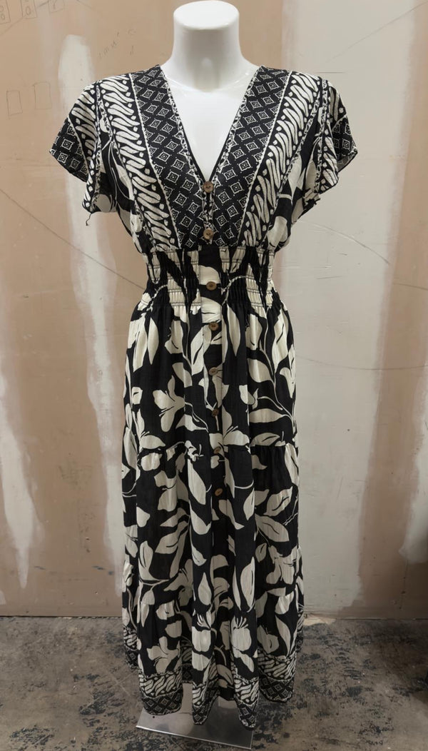 Sandy - Linen Look V-Neck Border Print Black Maxi