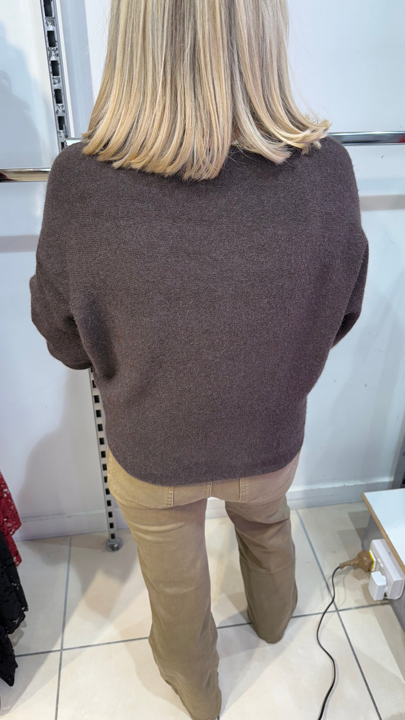 Anne -  Frill Sleeve Soft Stretch Jumper Brown