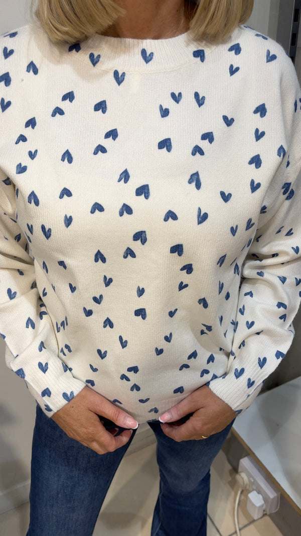 Vera - Blue Heart Print Fine Knit Jumper