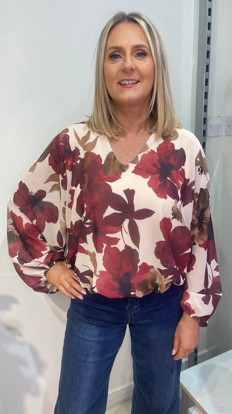 Naomi -  Wine /Cream Floral Lined bubble Hem top