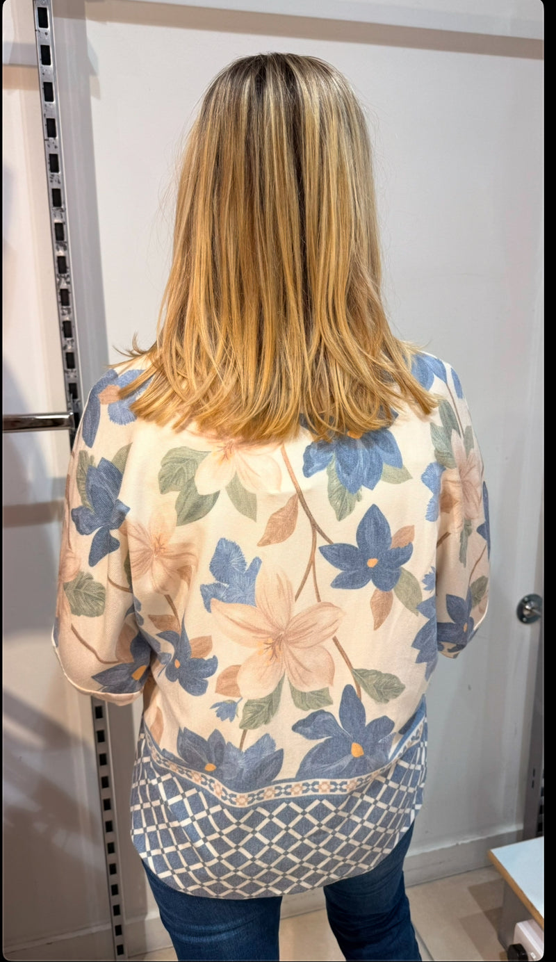 Lena - denim Blue Floral Border Print Top