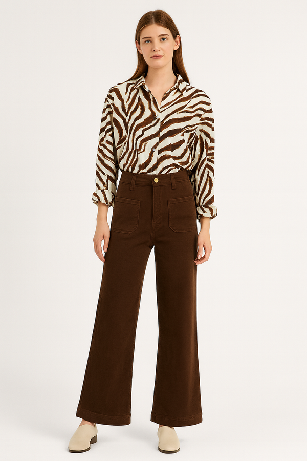 Maya - Chocolate Double Pocket Front Wide Leg Denims