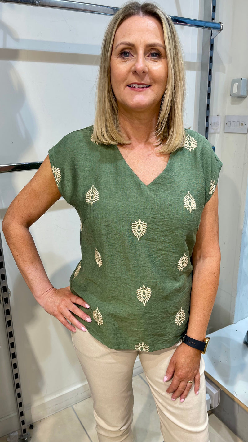 Adele - Khaki Embroidery V Neck Top