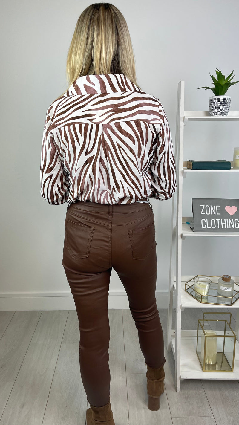 Rachel - Chocolate/White Zebra Shirt