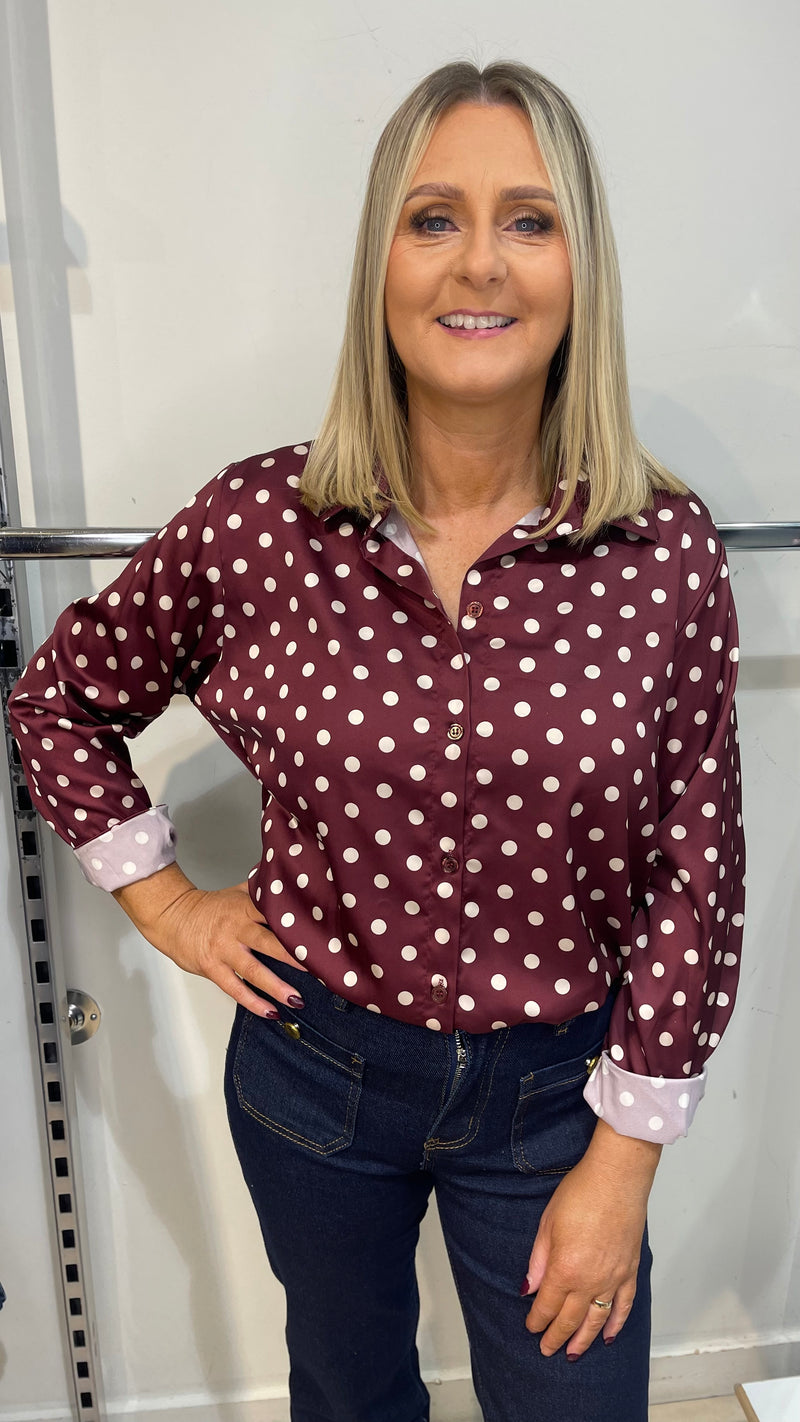 Jill - Wine Polka Dot Satin Look Shirt