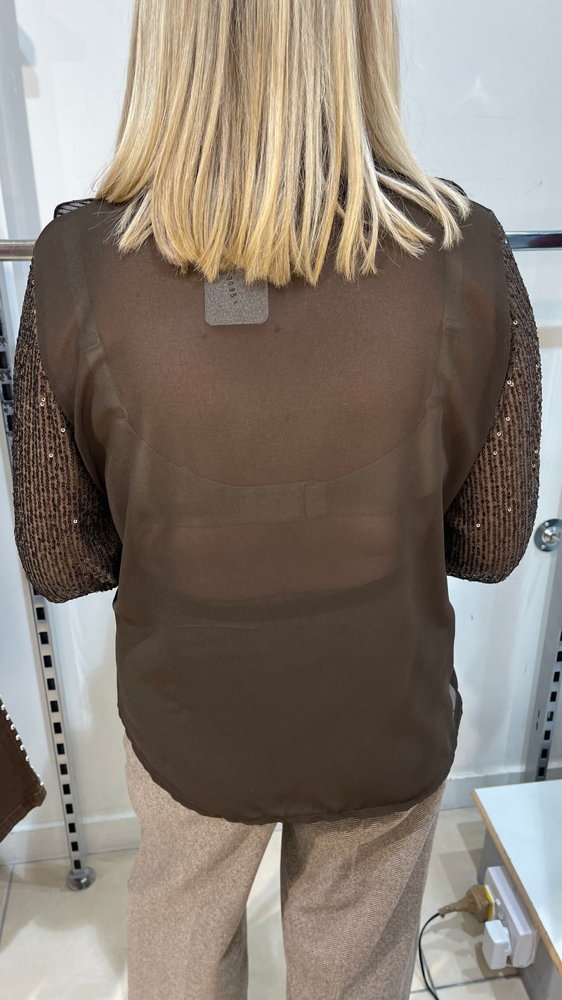Olivia - Brown Ruffle Sequin Sleeve Blouse