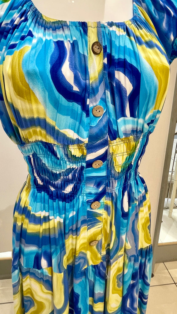 Chloe - Blue/Yellow Button Maxi Dress