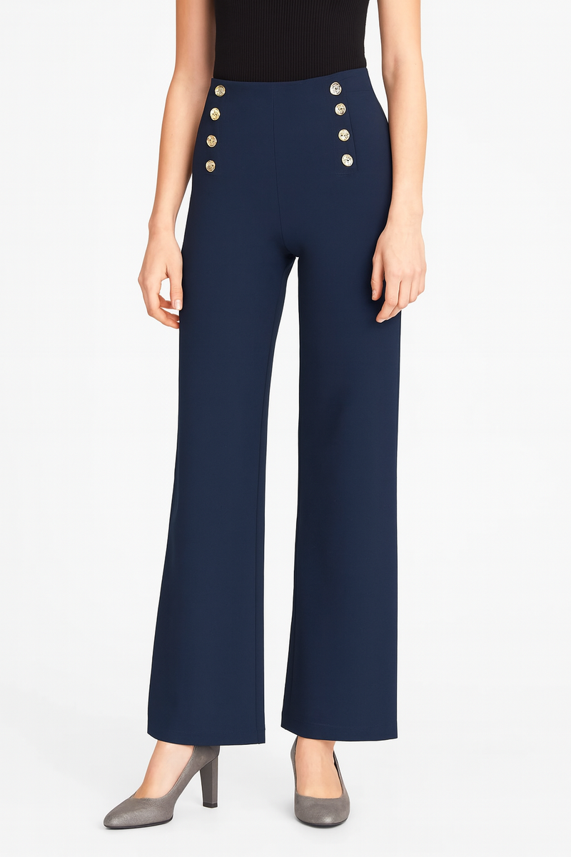Chloe - Navy Button Wide Leg Trouser