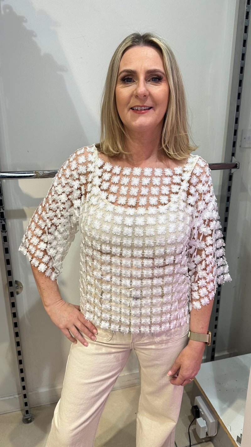 Zoe - White Ditsy Flower Crochet Top