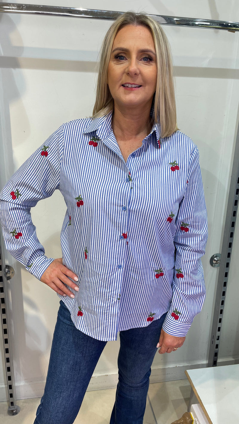 Carrie - Blue Stripe Cherry Embroidered Top