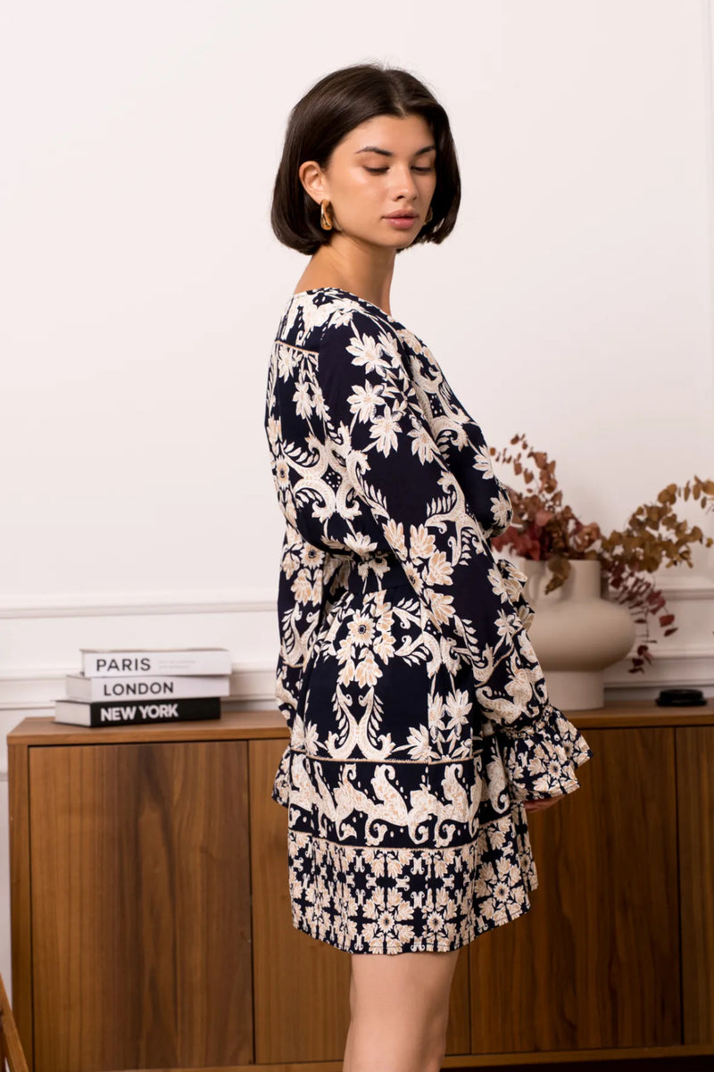 Jenny - Navy/Beige Print Belted Dress