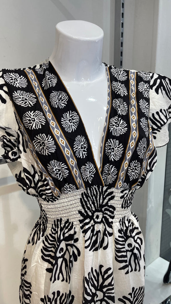 Madison -Black/Cream Print Elastic Waist Midi Dress