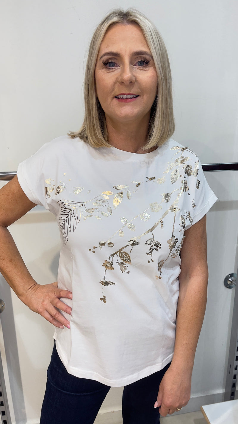 Liv - White Gold Foil Diamente T-Shirt