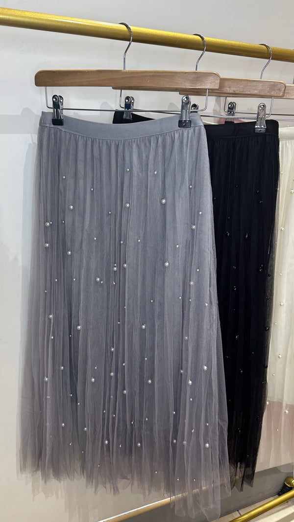 Jayda - Tulle Pearl Detail Skirt Grey