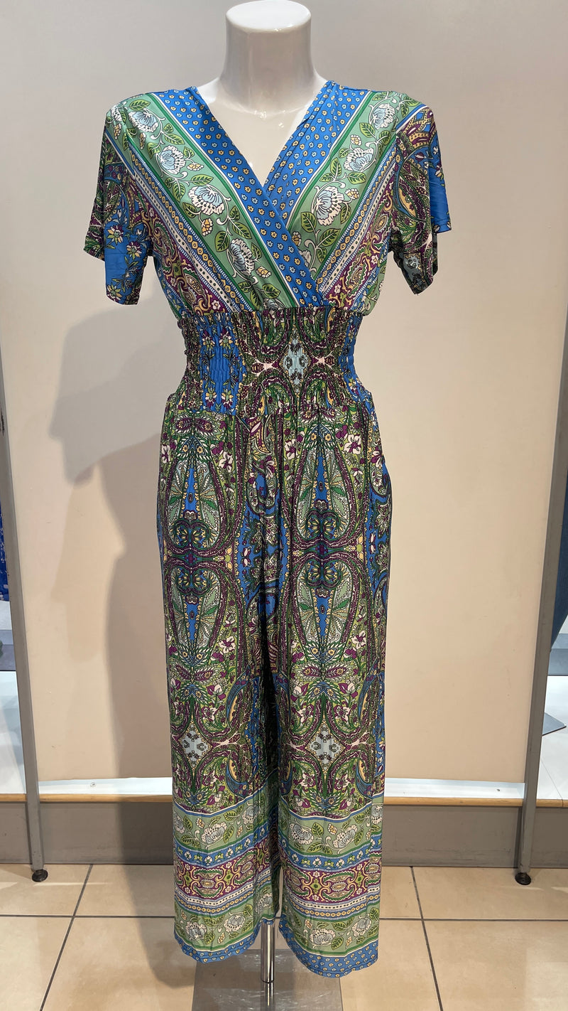 Cara - Blue/Green Paisley Print shirred Waist Jumpsuit