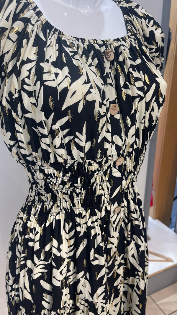Trudie -Black/Beige Leaf Print Midi Dress