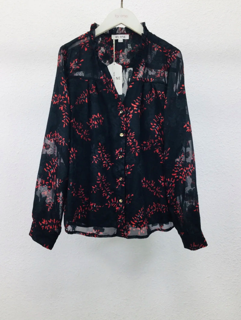 Beth - Black/Red Print Lined Front Top