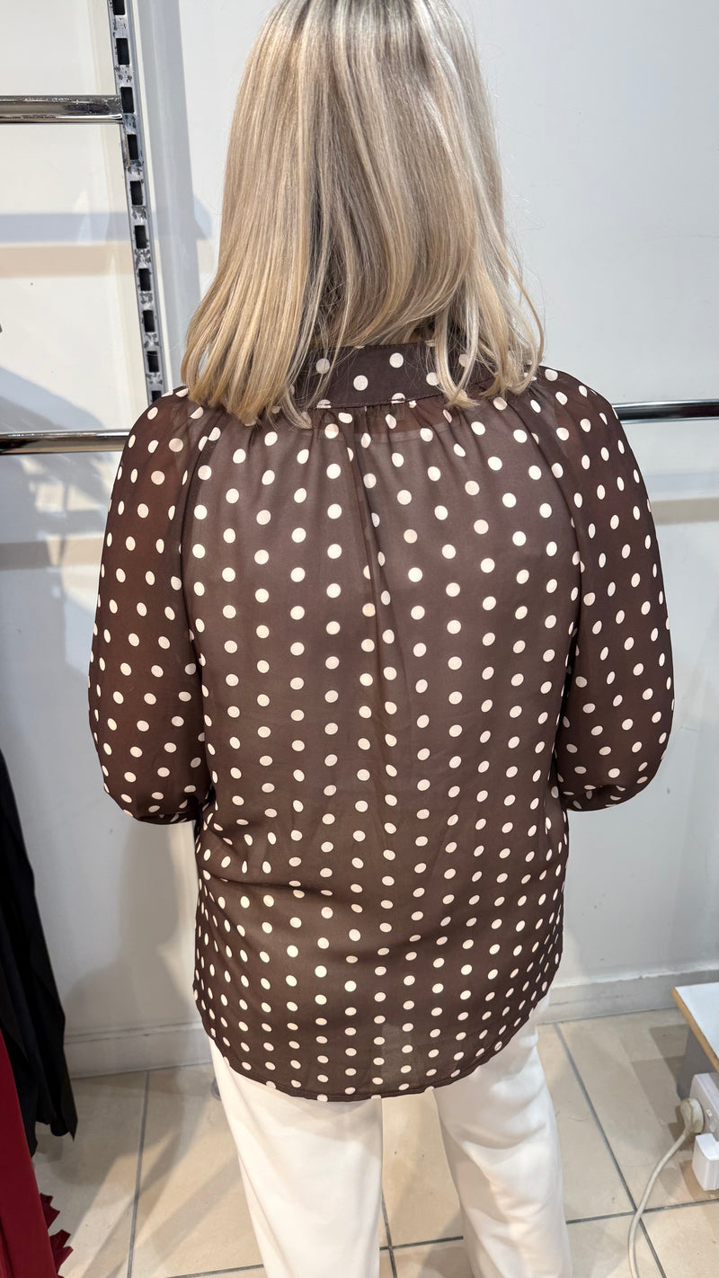 Carmel - Polka Dot Chiffon Cuff Blouse Chocolate