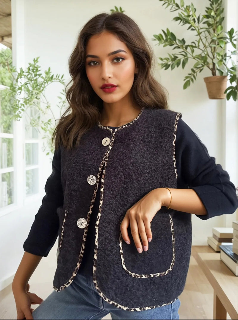 Milan - Black Fuzzy Leopard Trim Waistcoat