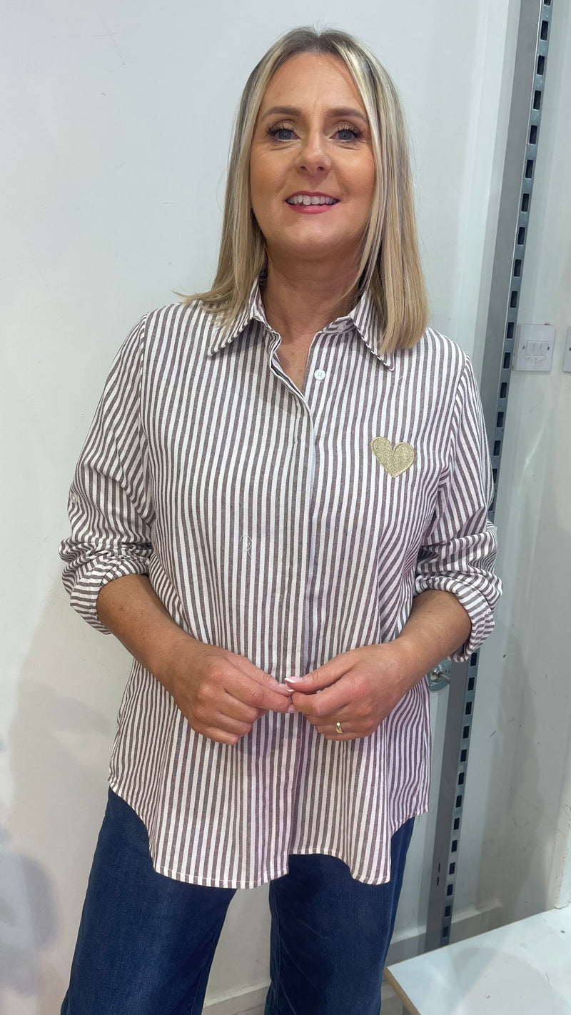 Millie - Coffee Stripe Heart Shirt
