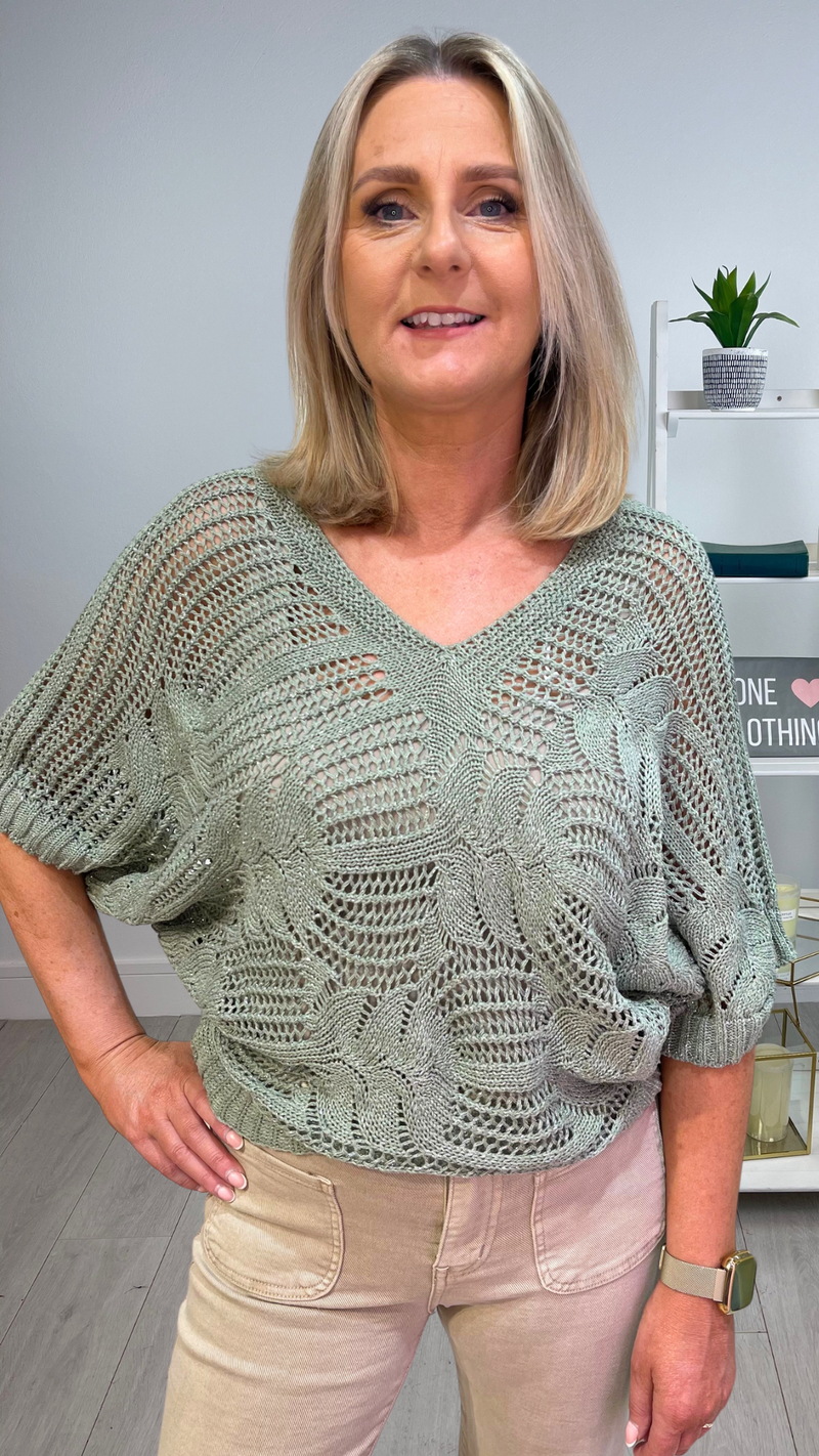 Chloe - Khaki Open Knit Batwing Top