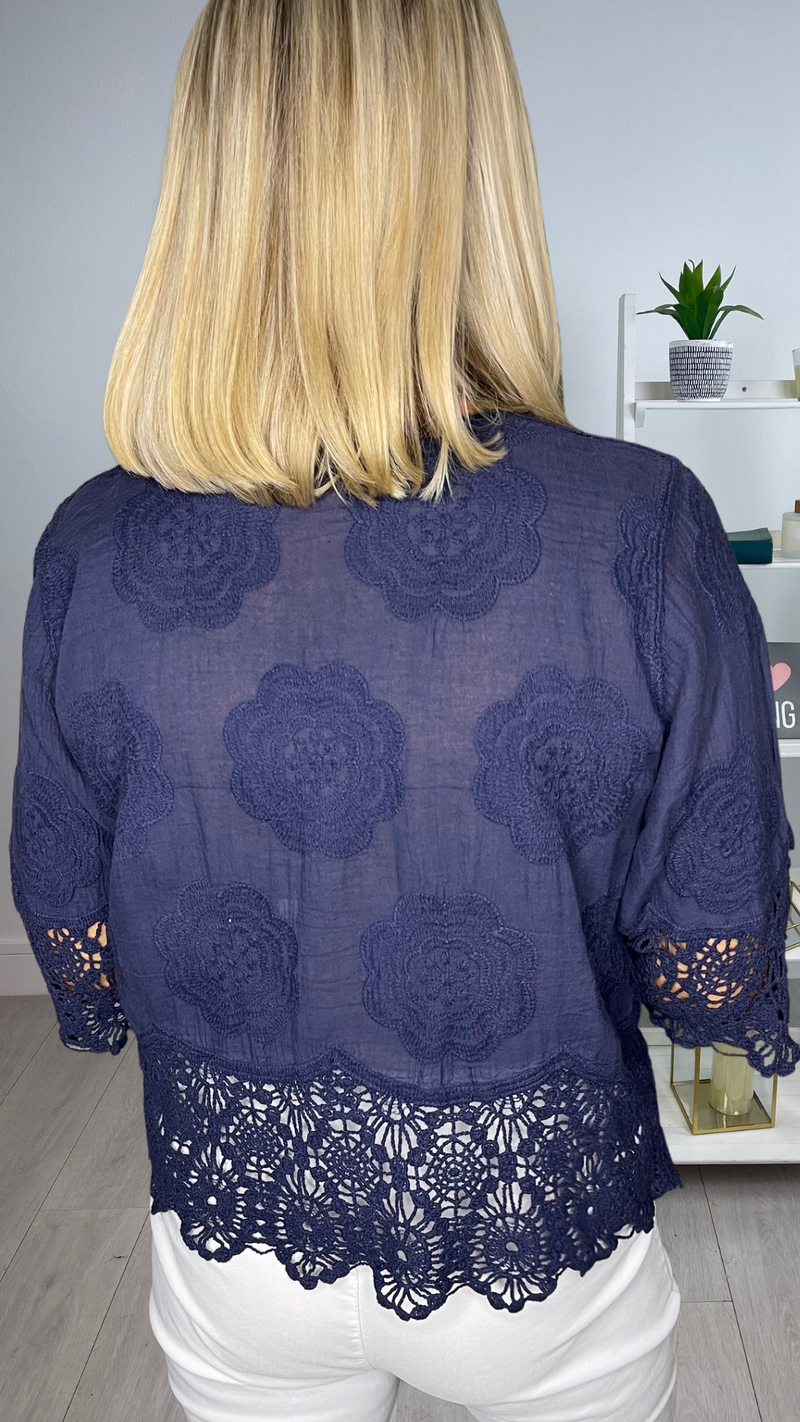 Zara - Navy Embroidery/Crochet Button Cardigan