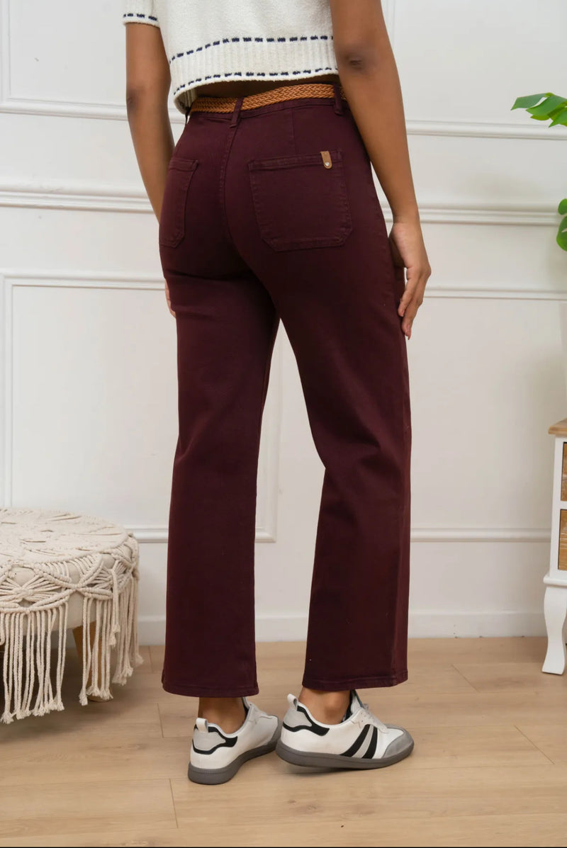 Jake - Wine Belted Cropped Jeans