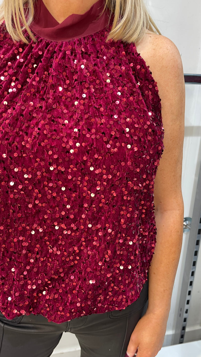 Ava - wine Sequin Lined Halter Top