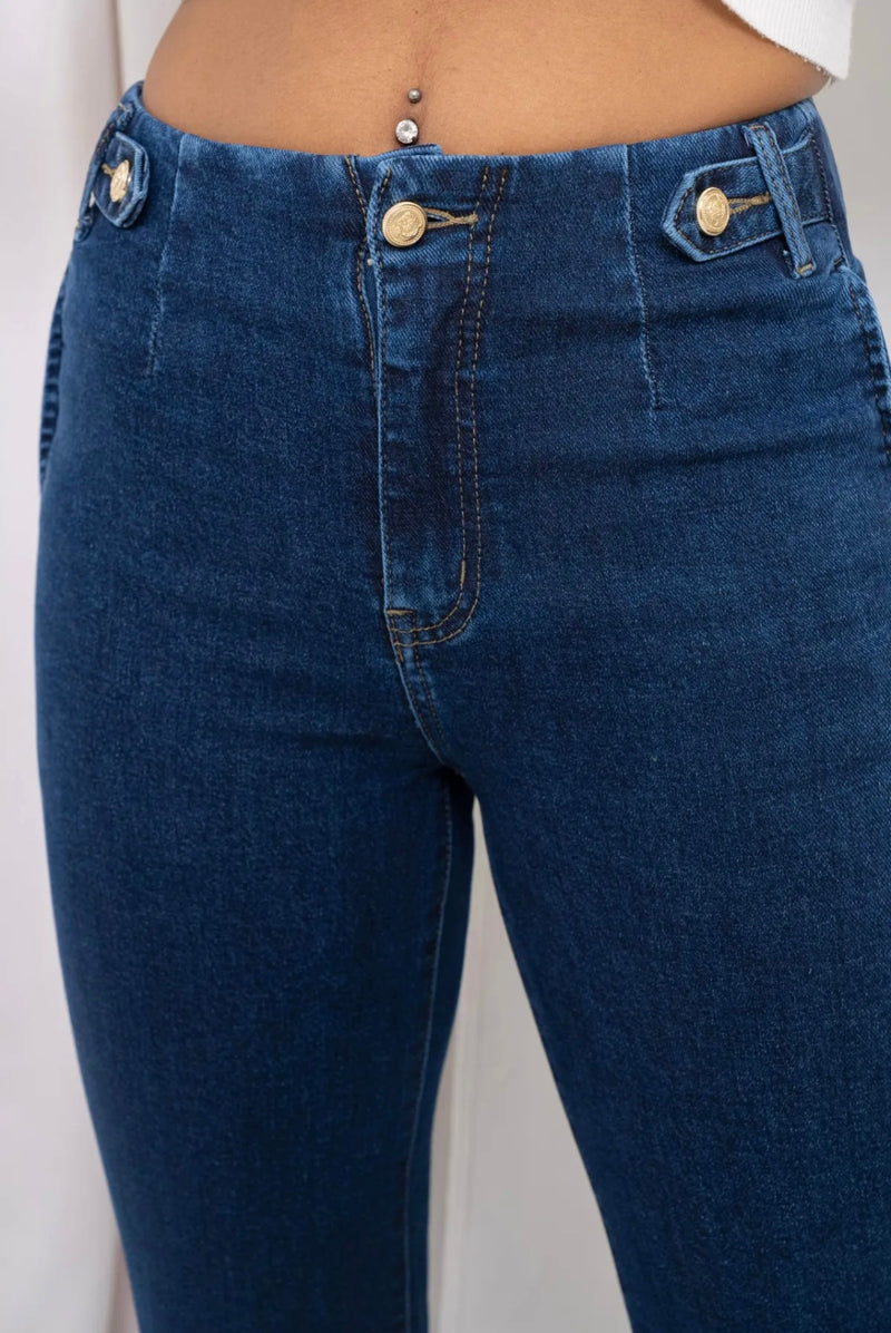 Gina - Blue Denim Stretch Button Tab Denims