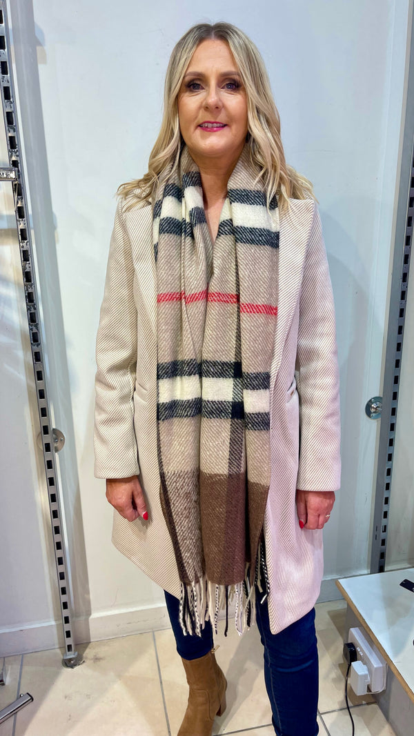 Lydia - Beige/Red Check Scarf