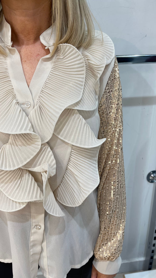 Olivia - Gold Ruffle Sequin Sleeve Blouse