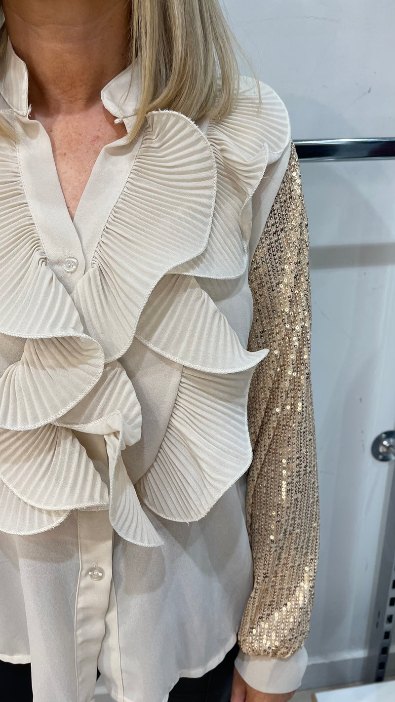 Olivia - Gold Ruffle Sequin Sleeve Blouse