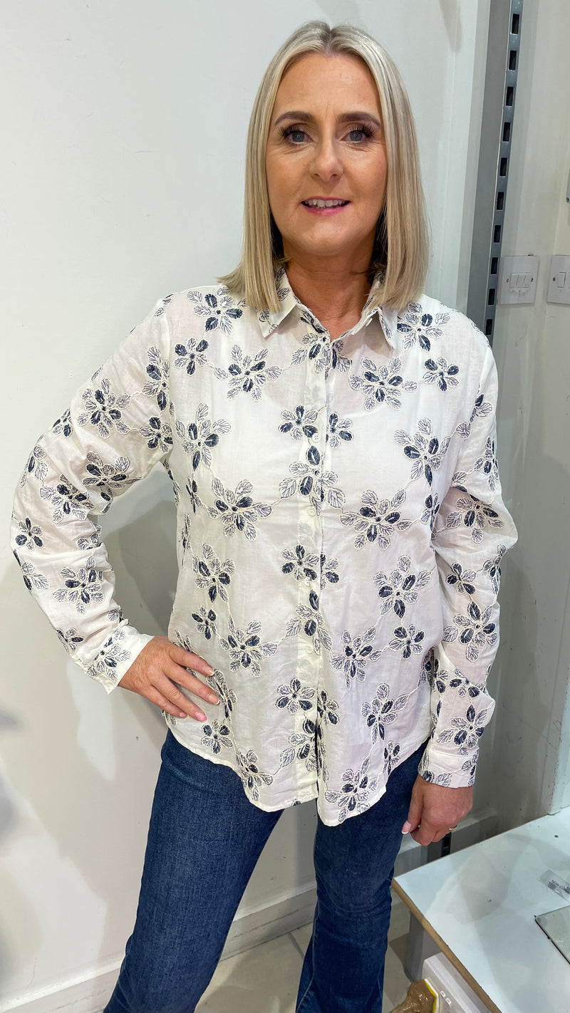 Jodie - White/Navy Embroidery Cotton Shirt