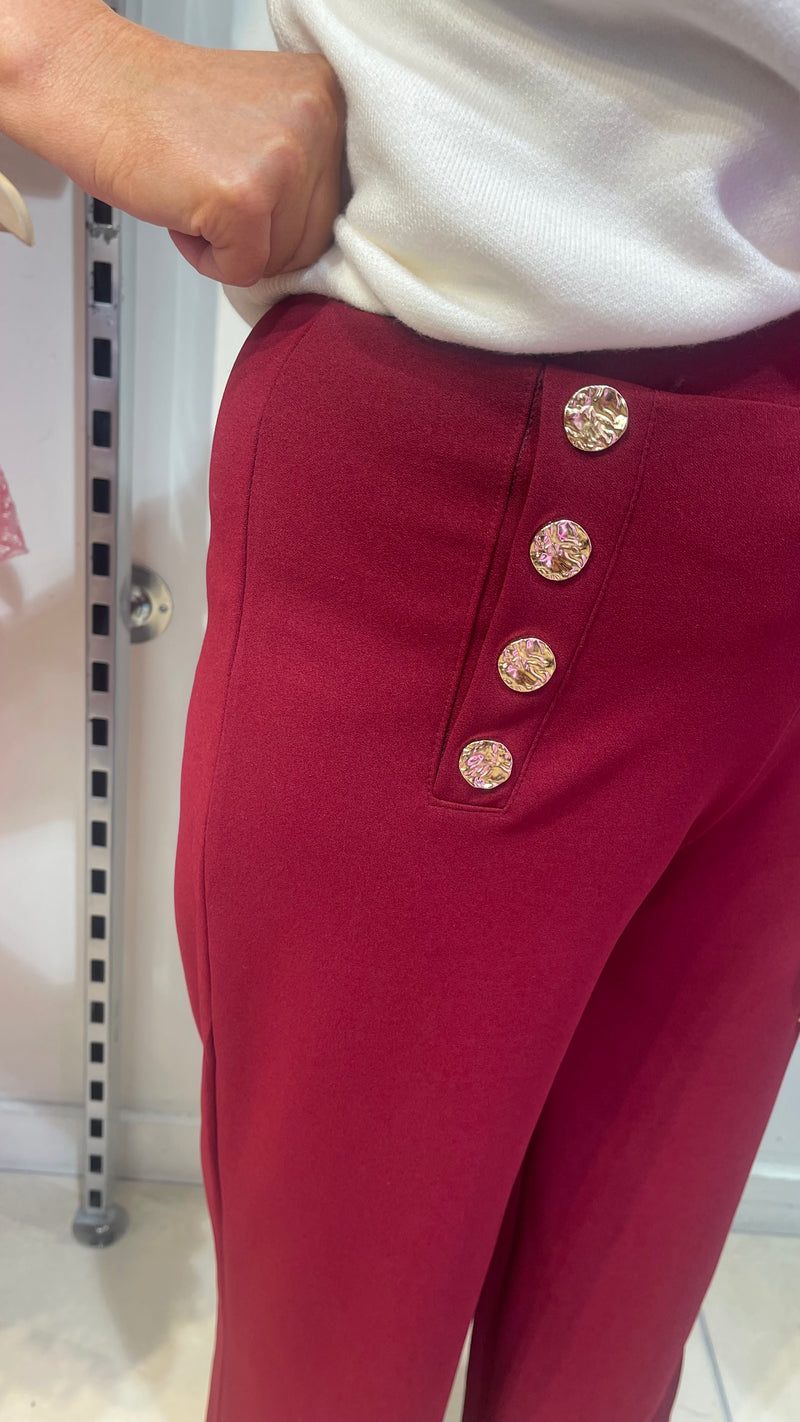 Chloe -  Wine  Button Wide Leg Trouser