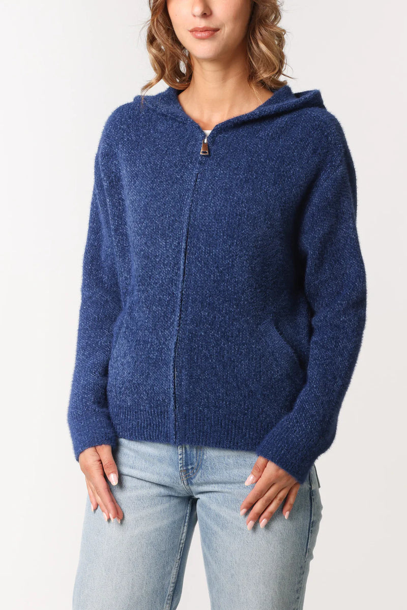Polly - Blue Soft knit Hooded Zipped Knitwear