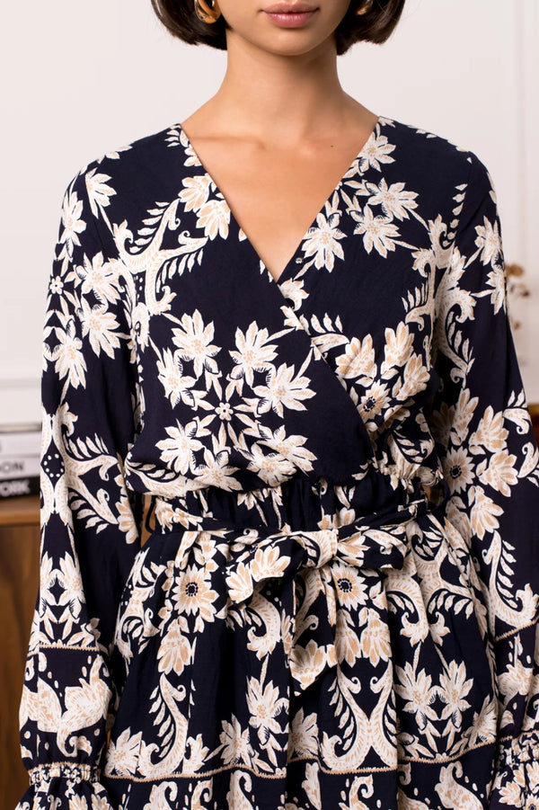 Jenny - Navy/Beige Print Belted Dress