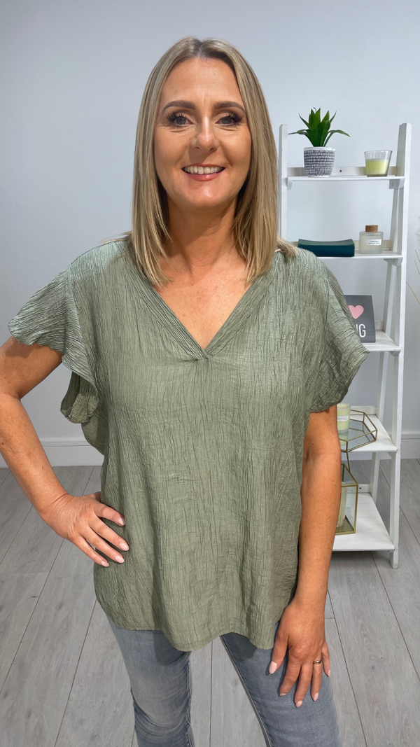 Skye - Crinkle Effect V Neck Blouse Khaki