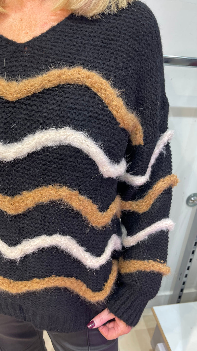 Mia - Black Wave Textured Soft Knit