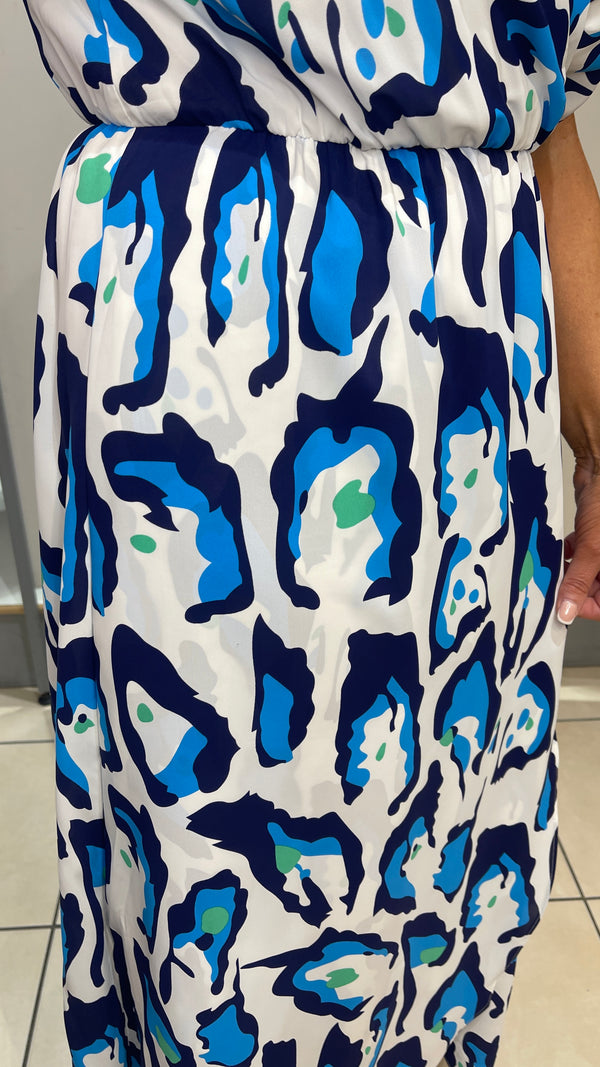 Mel - Navy/Blue Print Cross over effect Midi Dress